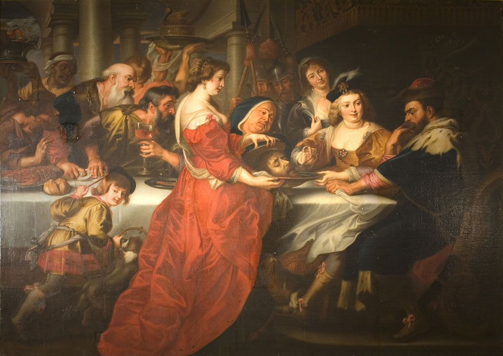 Dipinto raffigurante Banchetto di Erode, olio su tela,scuola di Peter Paul Rubens sec. XVII