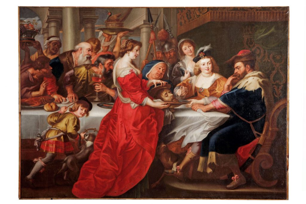 Dipinto raffigurante Banchetto di Erode, olio su tela,scuola di Peter Paul Rubens sec. XVII