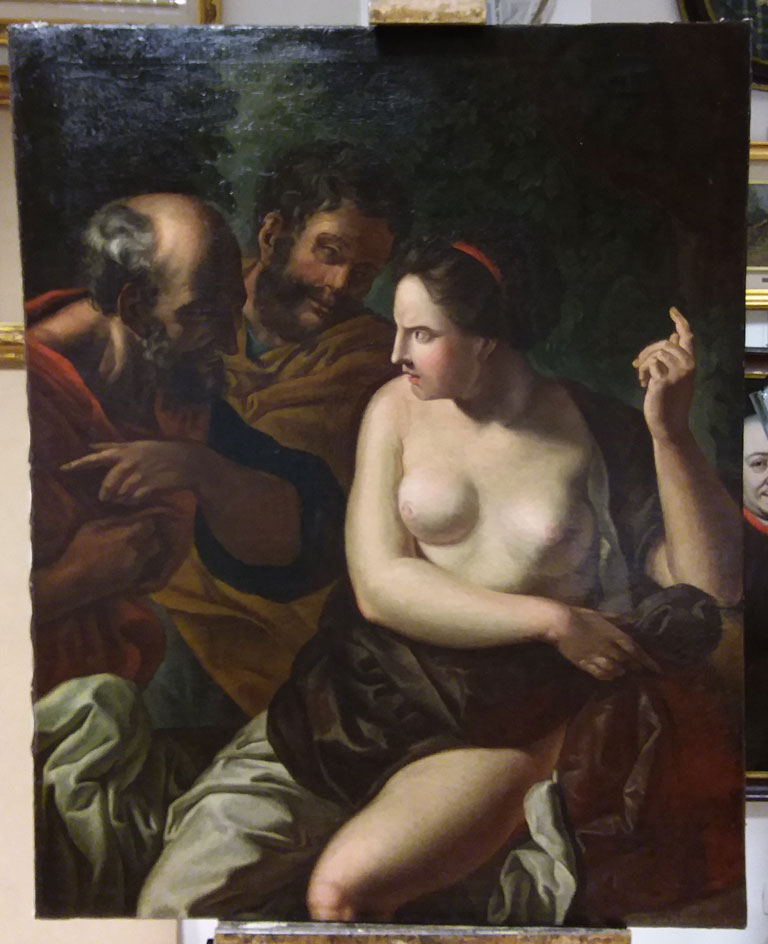 Dipinto Raffigurante Susanna E I Vecchioni, Olio Su Tela Sec. Xvii