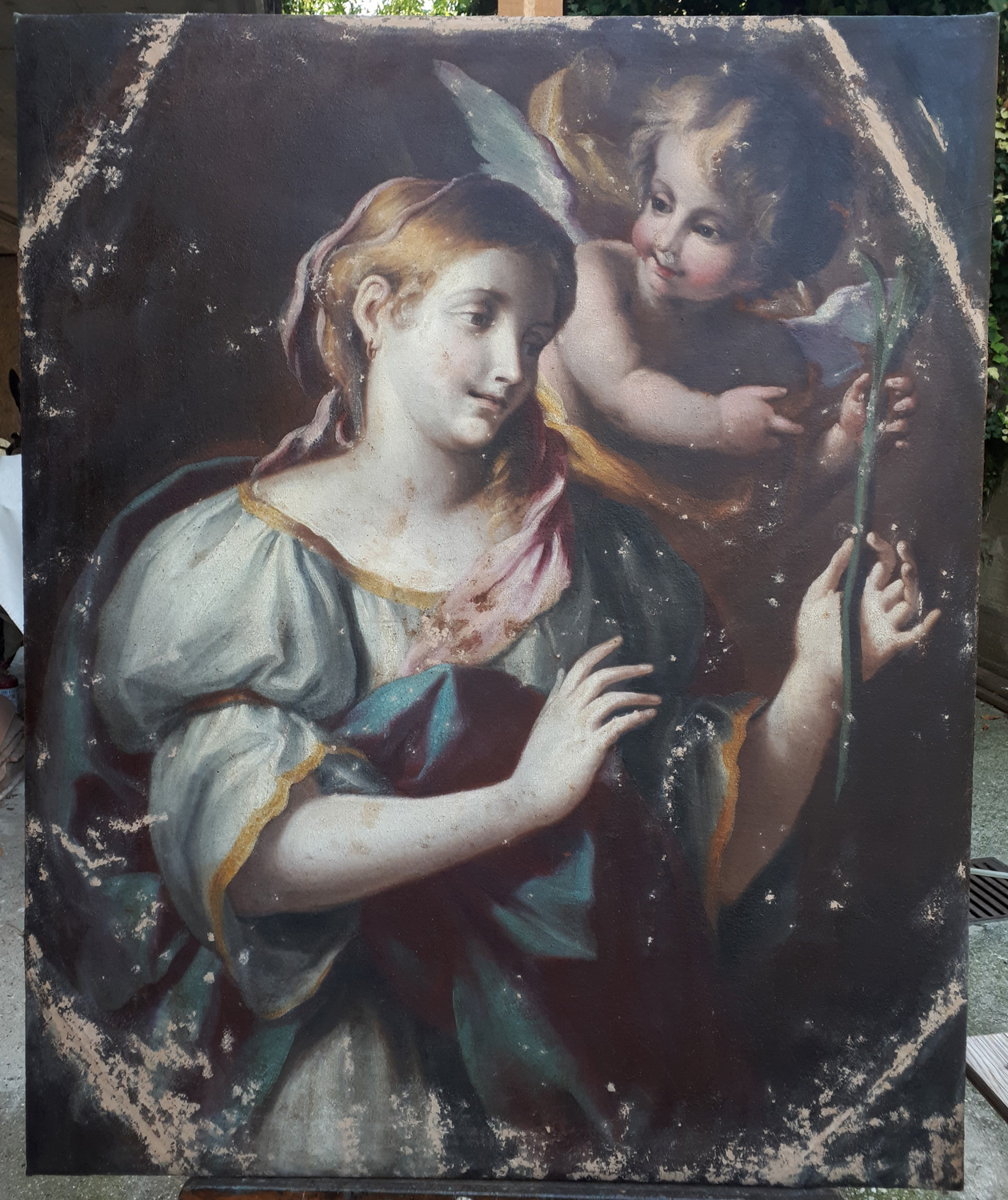 Particolare del dipinto durante il restauro