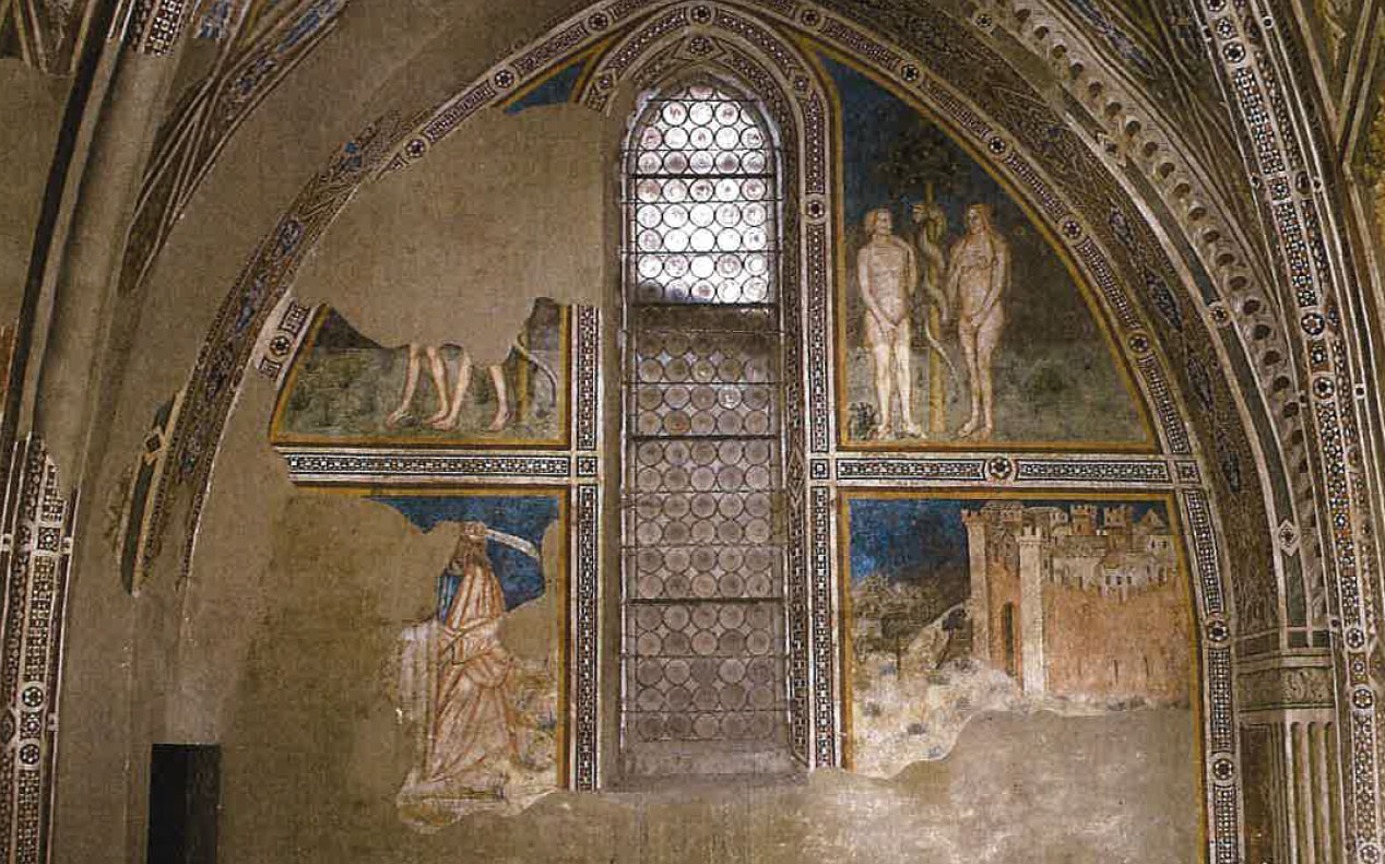 Scene dell’Antico Testamento: gli affreschi del transetto sinistro prima dell’intervento.